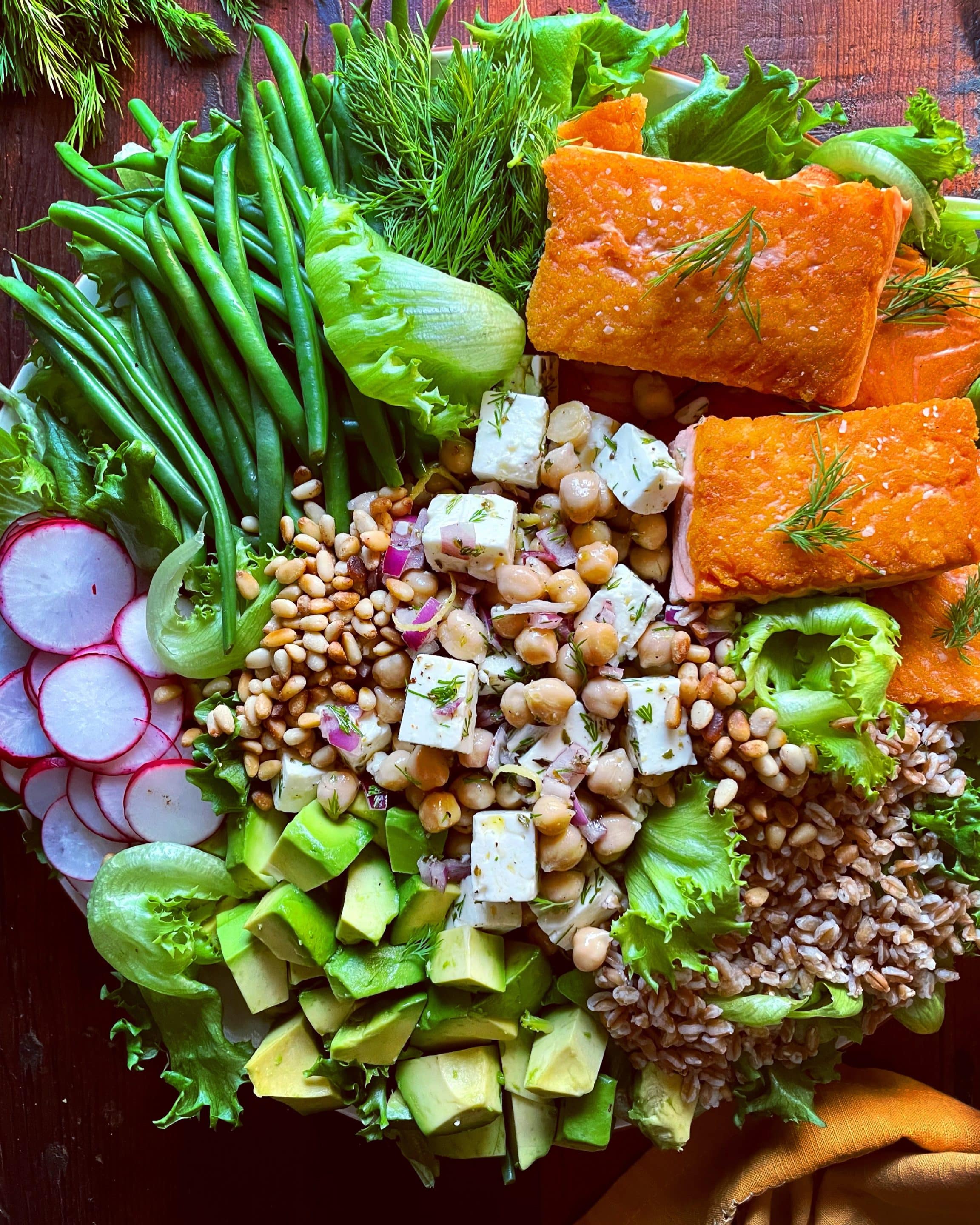 Marinated Chickpea and Feta Salad with Farro and Seared Salmon - Little Leaf Farms